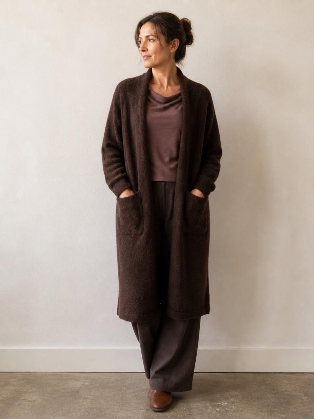 Humanoid Wool Mohair Blend Long Knit Cardigan S Duster Sweater Coat Espresso